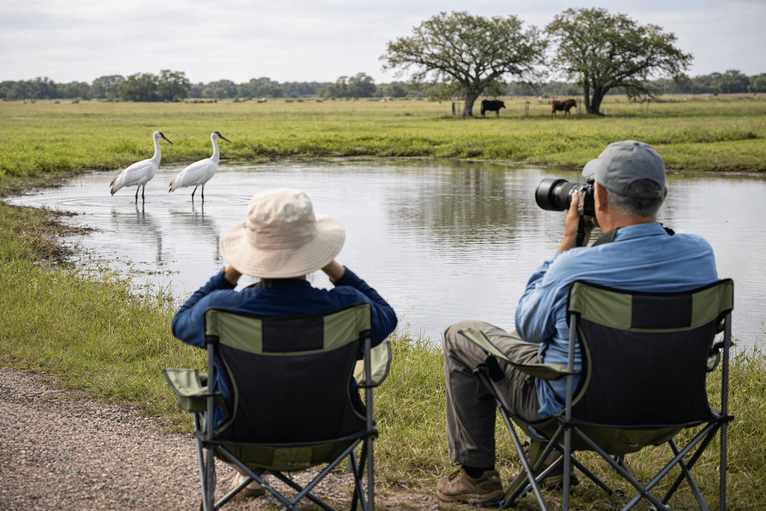 Whooping crane at a Lamar Peninsula cow pond — classic roadside viewing on Beach Road