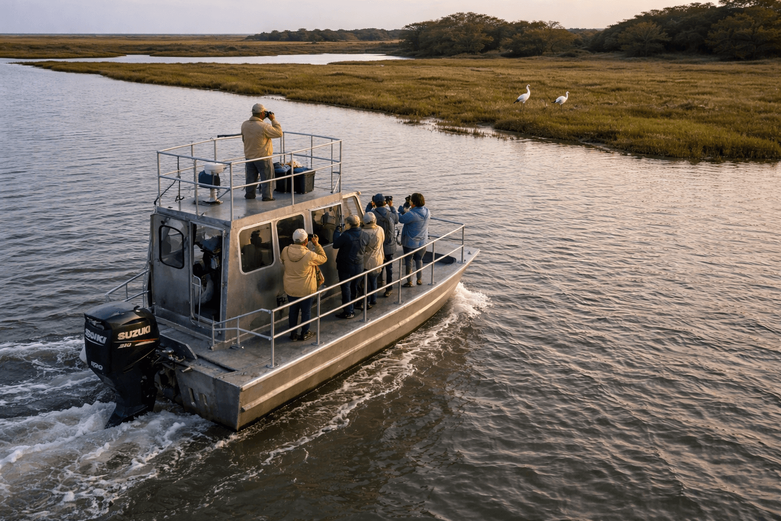 Guided birding boat tour in Aransas Bay — close views of whooping cranes and coastal birds