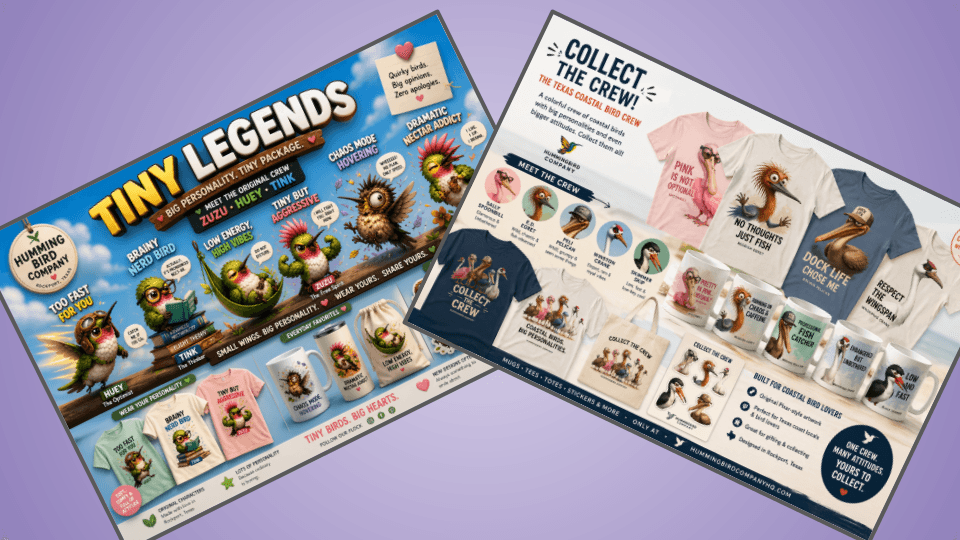 Hummingbird Company full merch collection — Tiny Legends and Coastal Crew mugs, shirts, postcards and more