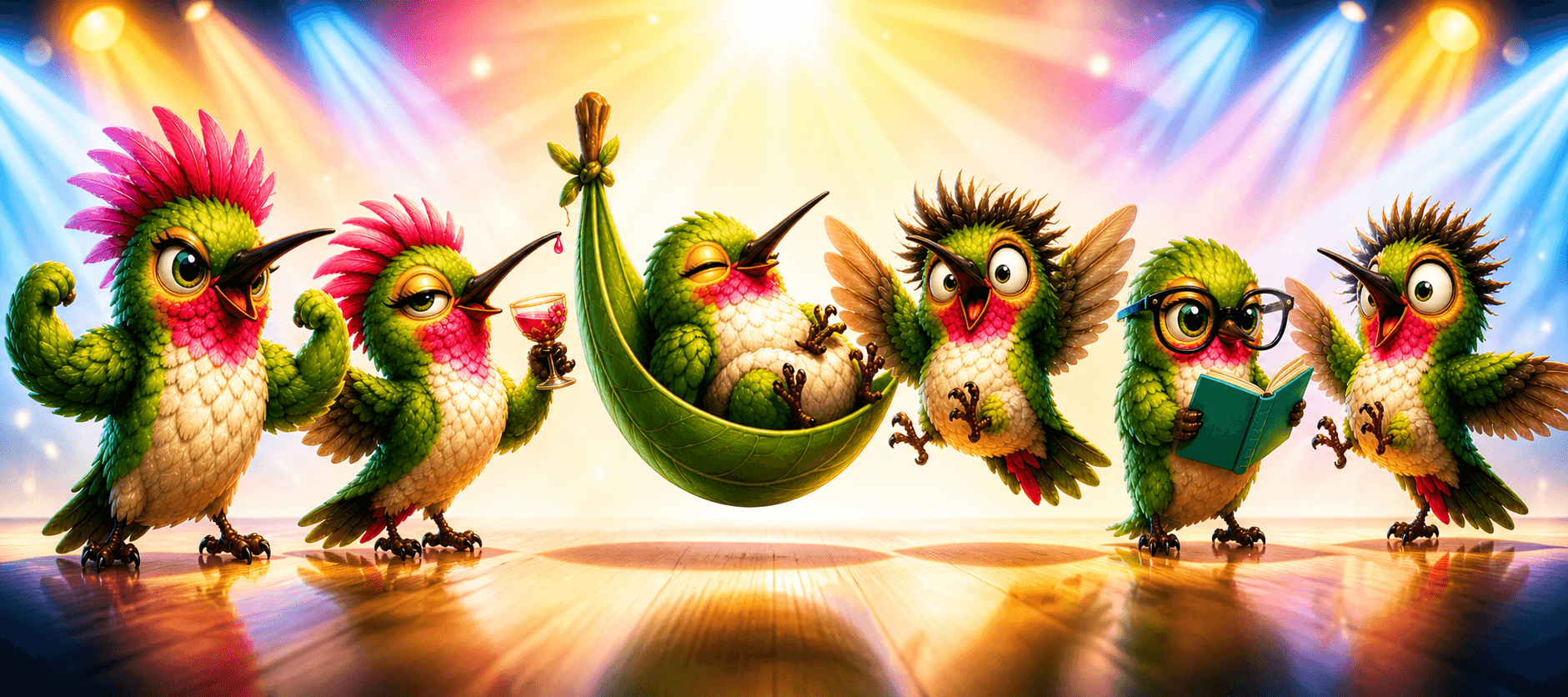 The Hummingbird Company crew on stage — Huey, Tink, Zuzu, Luna, Ruby, Zip
