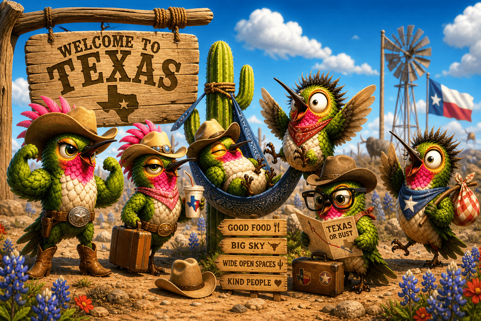 The Hummingbird Company crew — Welcome to Texas adventure with Huey, Zuzu, Tink, Luna, Zip and Ruby
