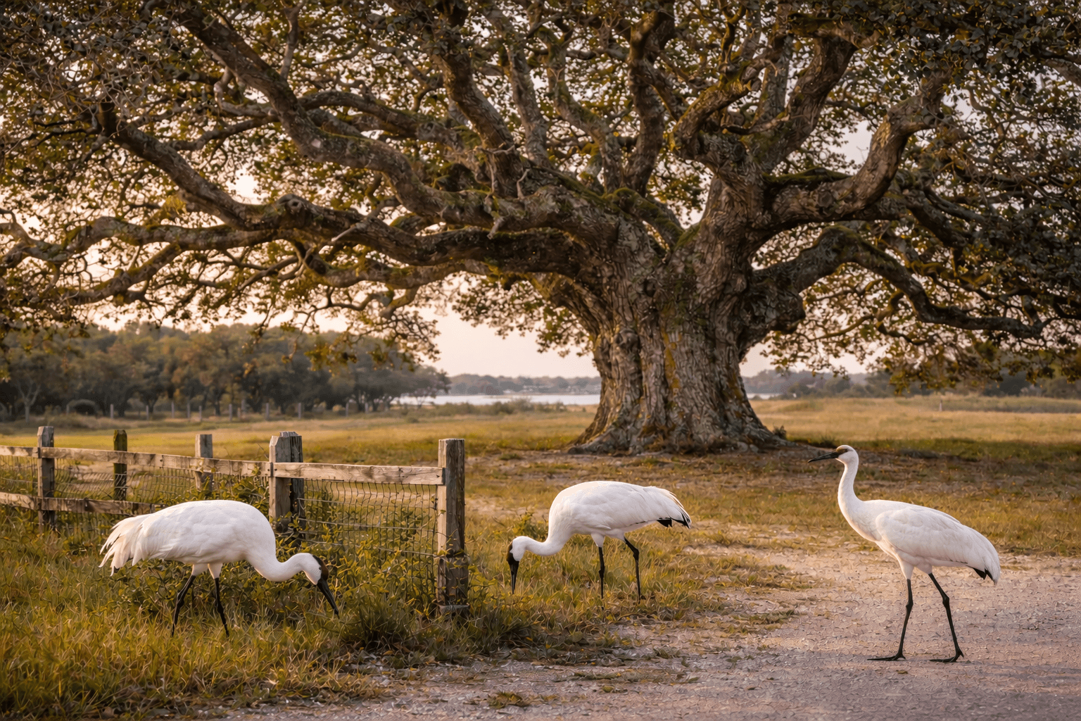 Whooping cranes beneath the live oak motts of the Lamar Peninsula — the park sits at the intersection of bay, marsh, coastal prairie, and ancient live oaks