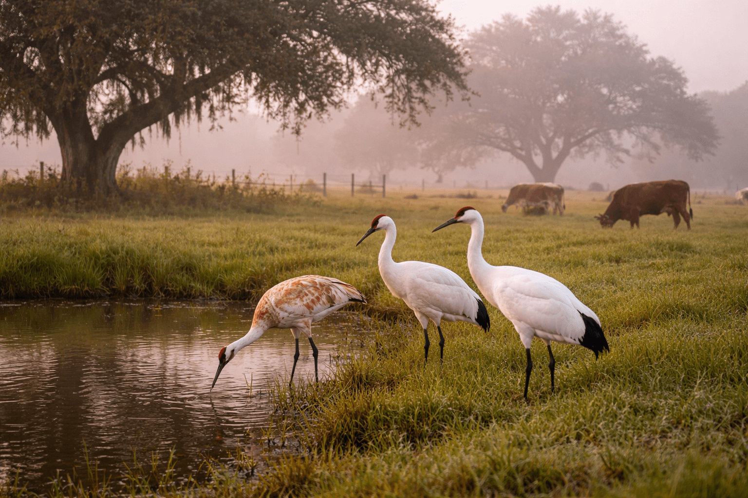 Whooping cranes including a juvenile at a Lamar Peninsula cow pond — classic roadside viewing on Beach Road