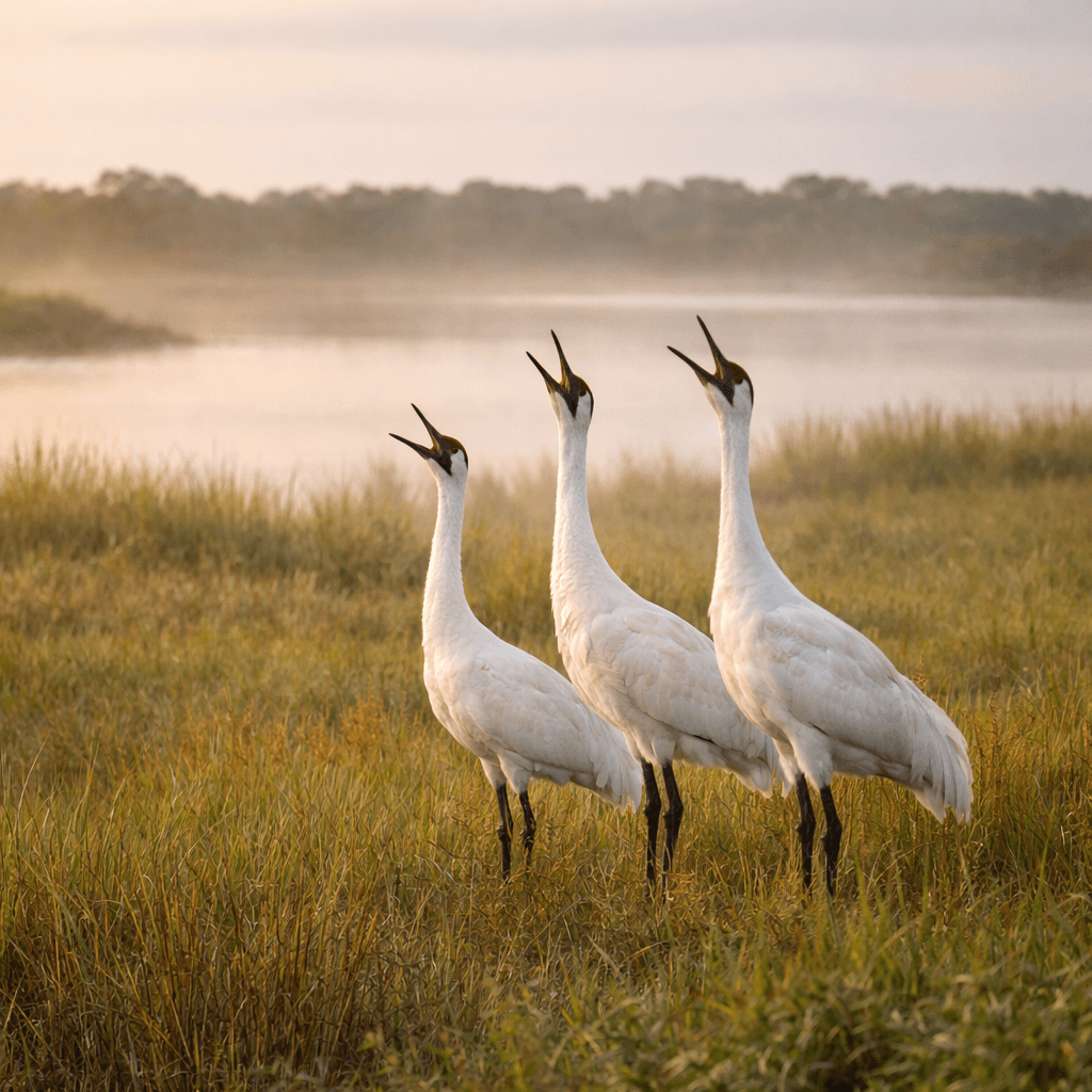 Three whooping cranes calling in unison in golden morning light — the bugling call that gave them their name