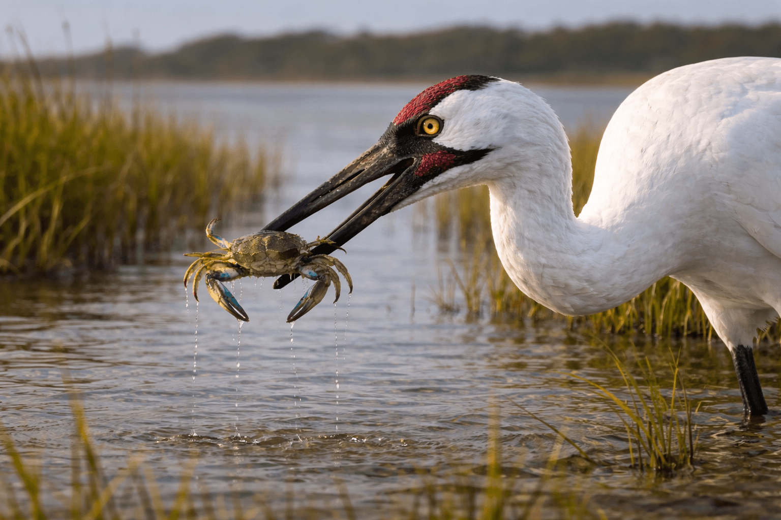 Whooping crane with a blue crab — blue crabs are their primary winter food source in the tidal shallows of the Lamar Peninsula