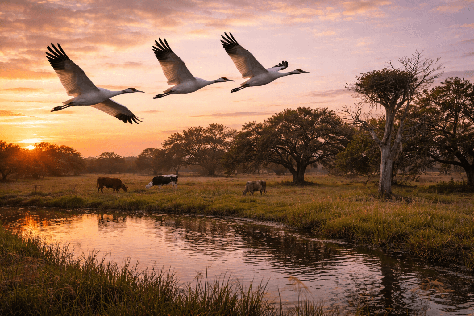 Whooping cranes flying to roost at sunset over the Lamar Peninsula fields