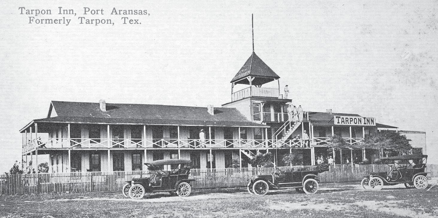 Historical postcard of the Tarpon Inn Port Aransas Texas — Formerly Tarpon, Tex. — early 1900s automobiles