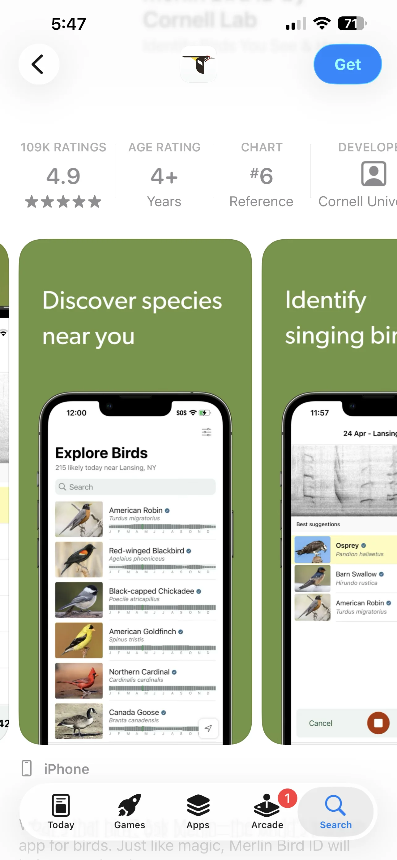 Merlin Bird ID app — Sound ID identifies singing birds in real time