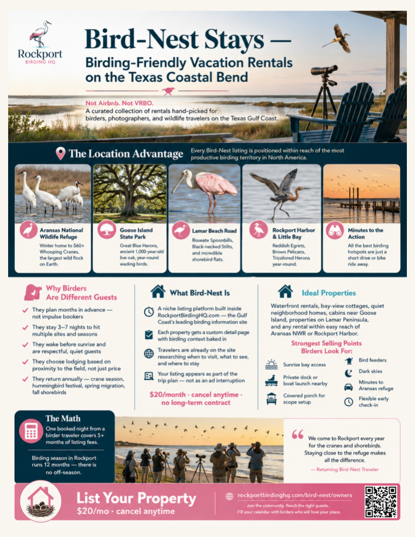 Bird-Nest Stays Rockport Texas birding-friendly vacation rentals guide