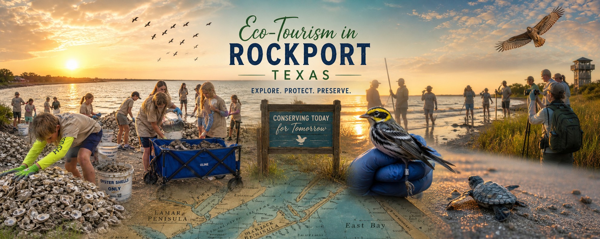 Eco-tourism and conservation in Rockport Texas — oyster reef restoration, sea turtles, coastal wildlife
