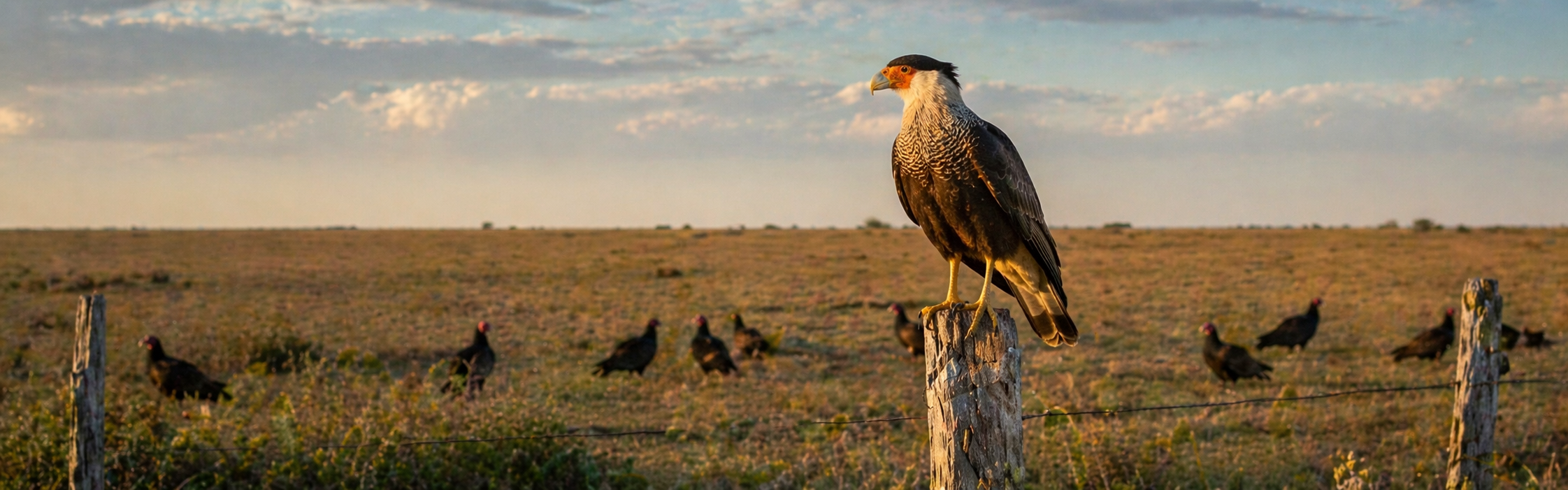 Crested Caracara perched on fence post Texas coastal prairie