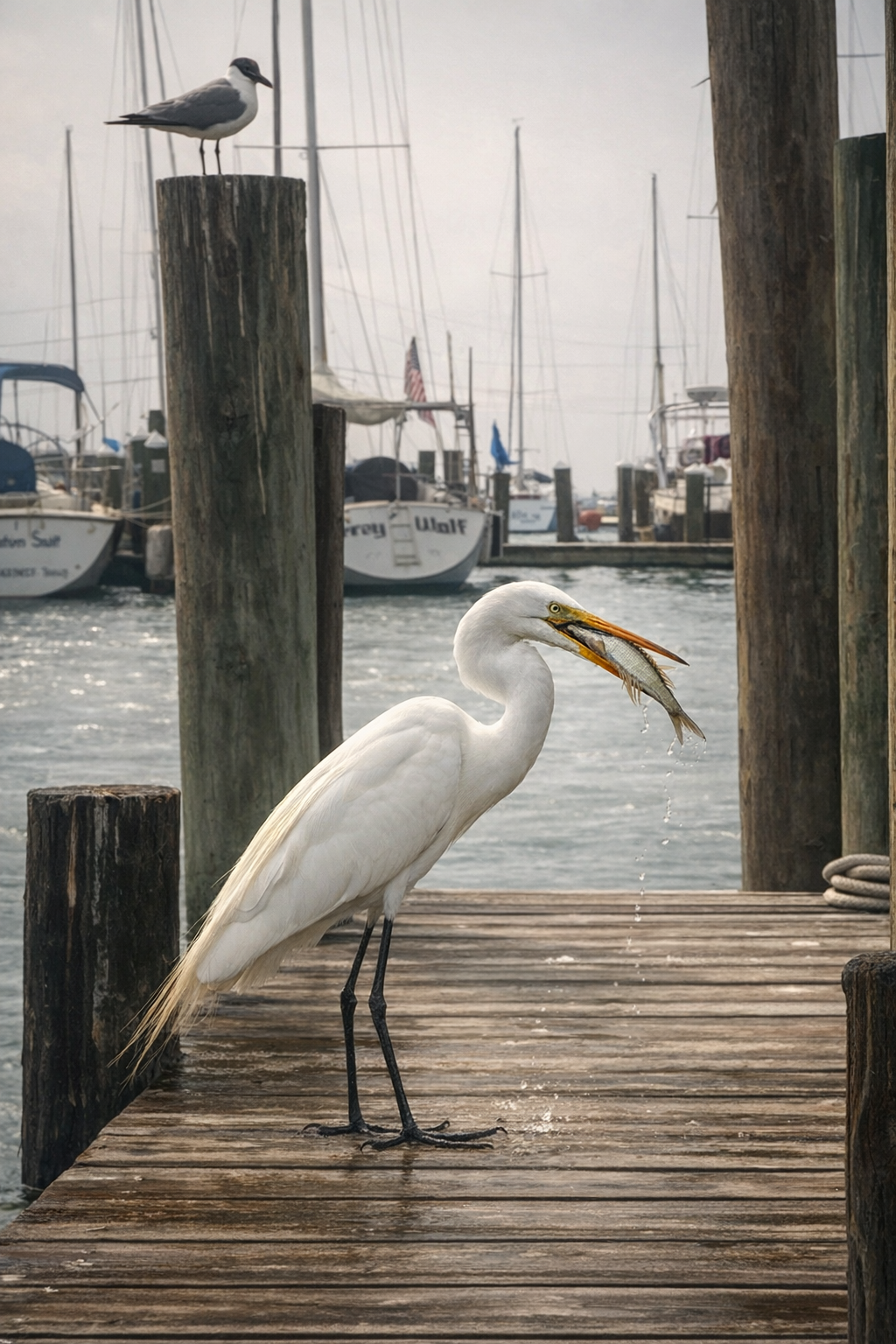 Great Egret catching a fish at Rockport Harbor marina Texas