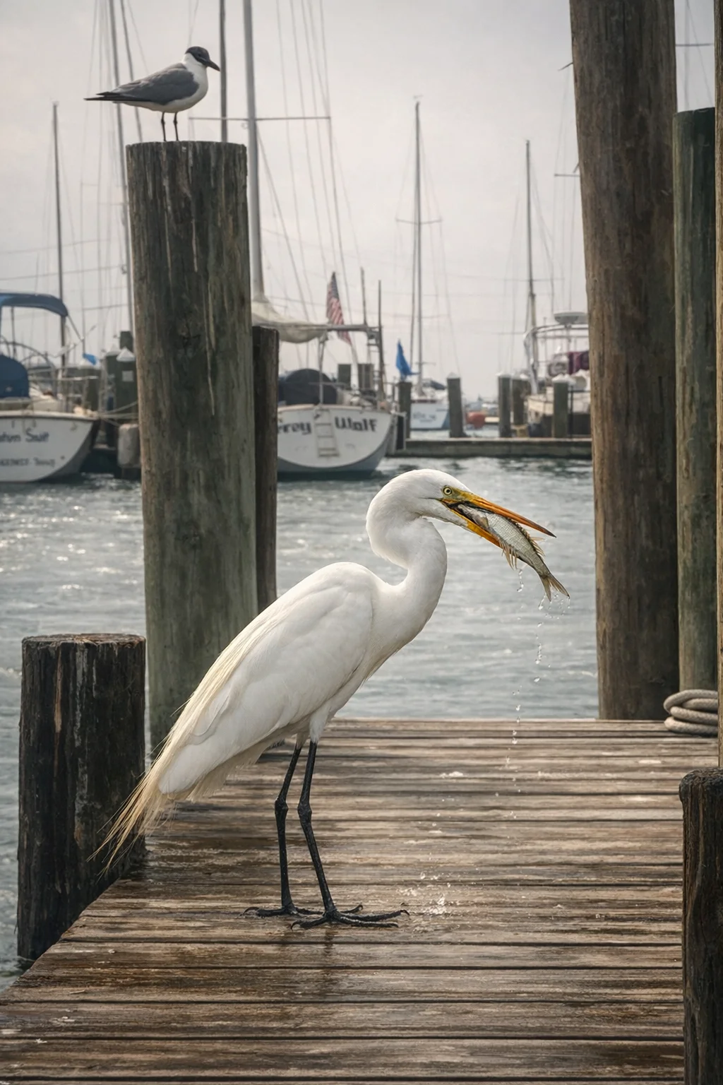 Great Egret catching a fish at Rockport Harbor marina Texas
