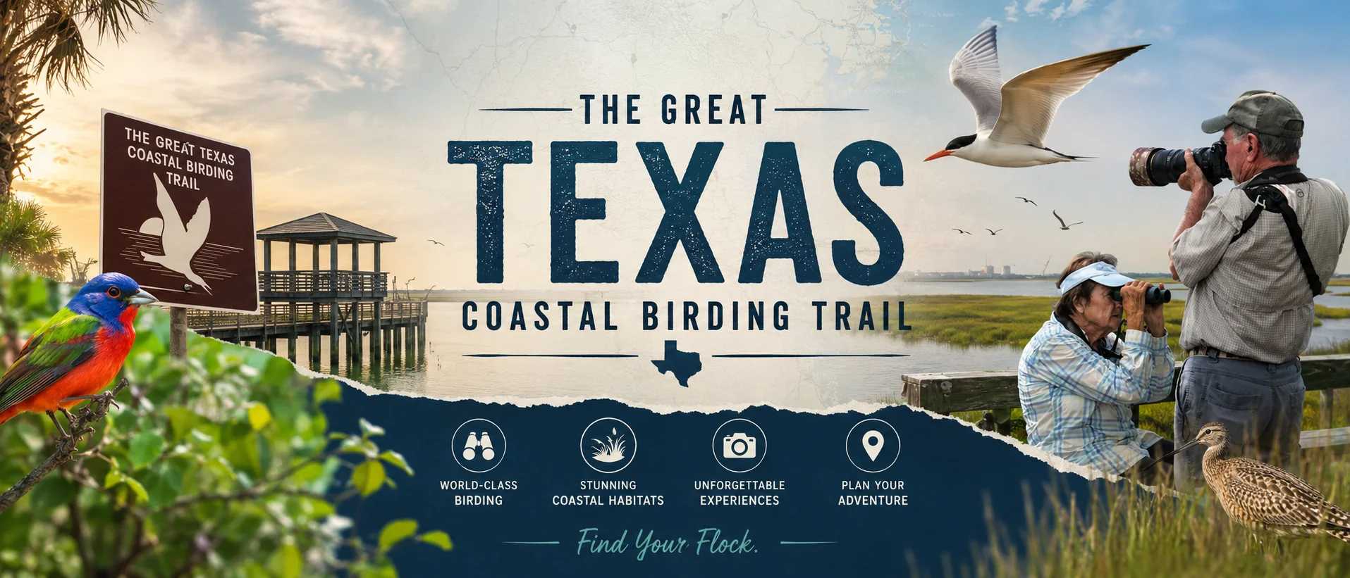 The Great Texas Coastal Birding Trail — birders with binoculars, brown trail sign, Painted Bunting, Tern in flight