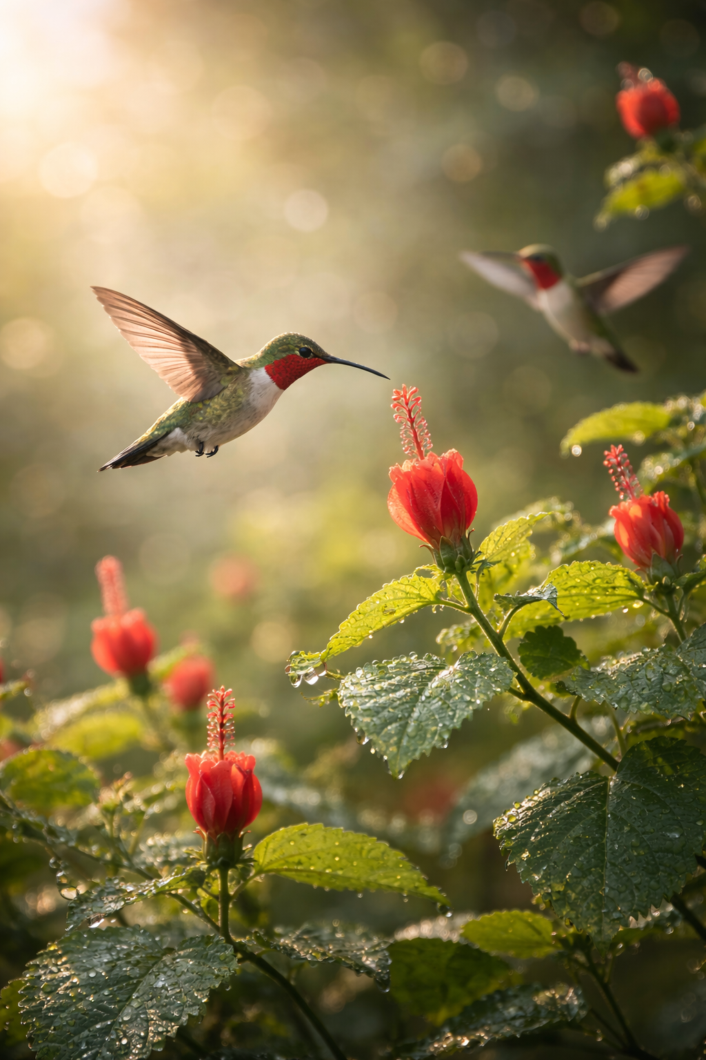 Hummingbirds on turks cap flowers Rockport Texas