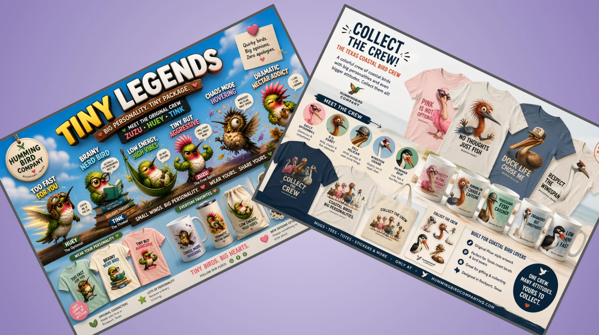 Hummingbird Company full merch collection — Tiny Legends and Coastal Crew mugs, shirts, postcards and more