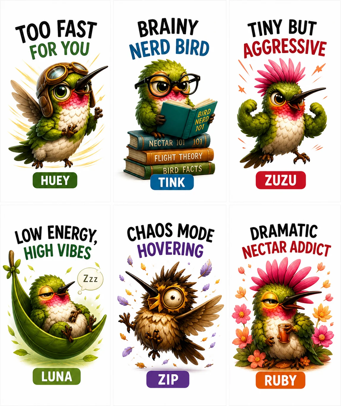 Meet the Hummingbird Company crew — Huey, Tink, Zuzu, Luna, Zip, Ruby