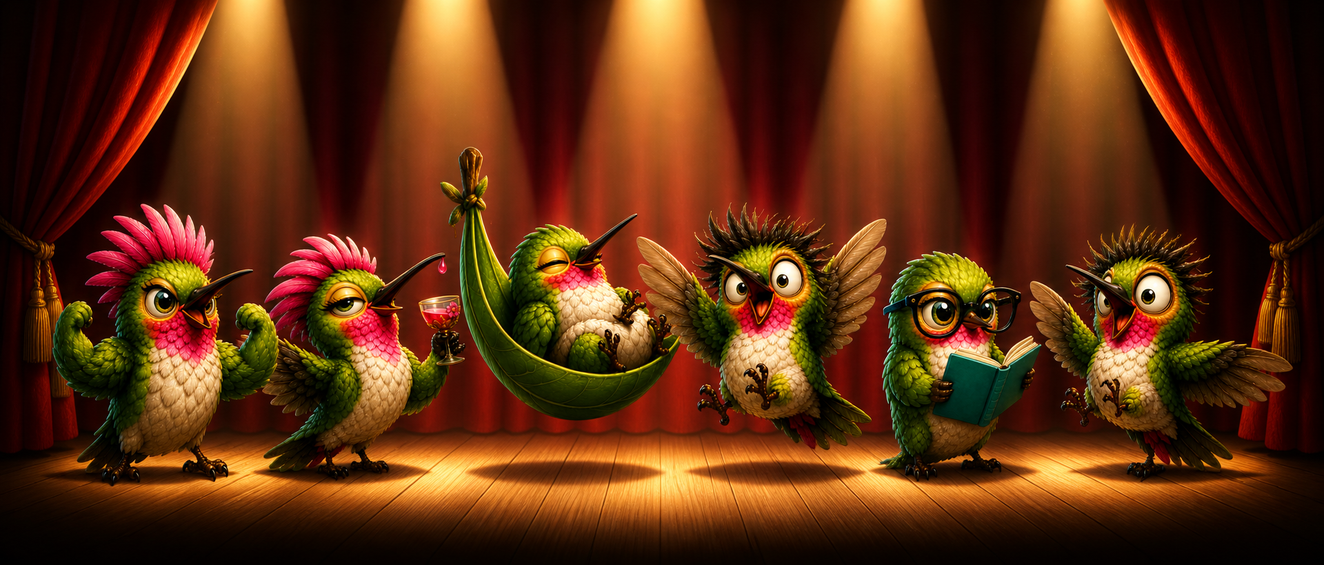 The Hummingbird Company crew — Huey, Tink, Zuzu, Luna, Zip, Ruby on stage