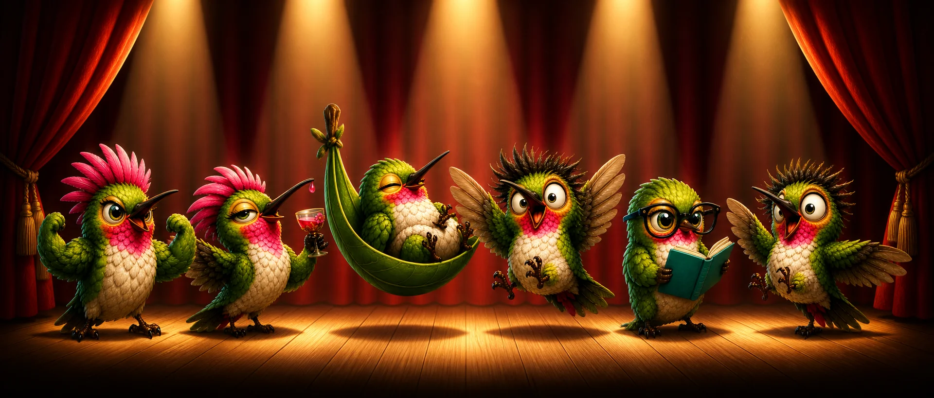 The Hummingbird Company crew — Huey, Tink, Zuzu, Luna, Zip, Ruby on stage