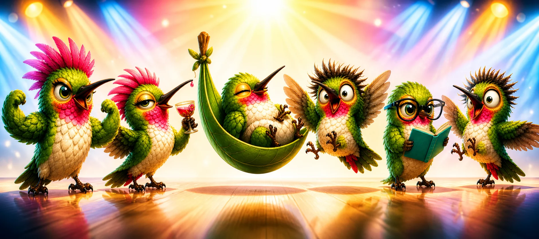 The Hummingbird Company crew on stage — Huey, Tink, Zuzu, Luna, Ruby, Zip