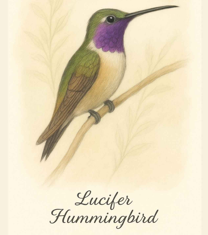 Lucifer Hummingbird with elongated curved bill and purple gorget