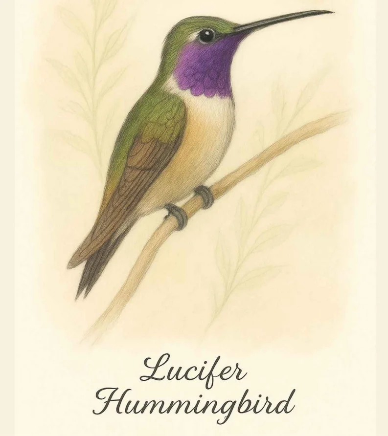 Lucifer Hummingbird with elongated curved bill and purple gorget