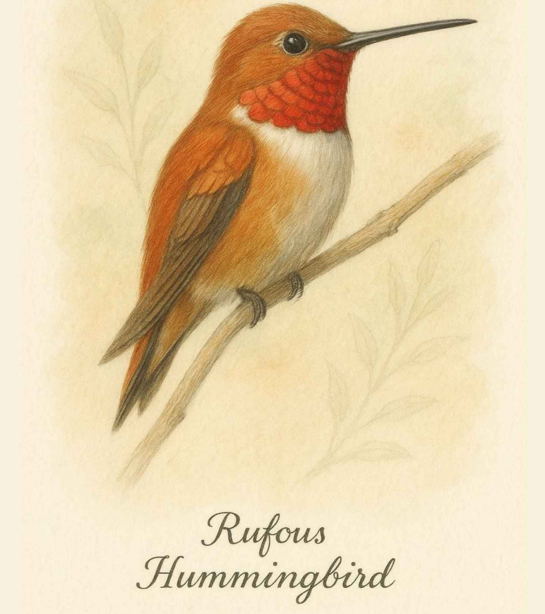Rufous Hummingbird male with fiery orange-red plumage