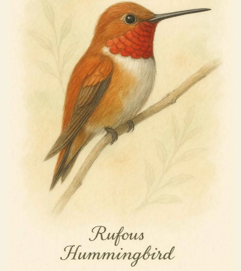 Rufous Hummingbird male with fiery orange-red plumage