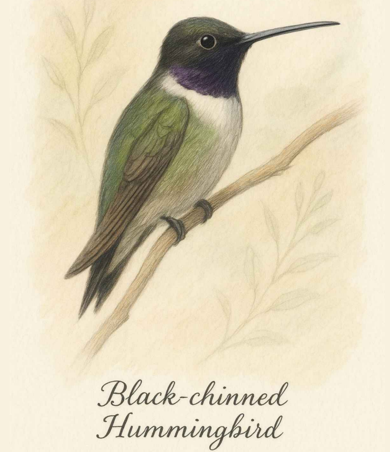 Male Black-chinned Hummingbird with black chin and purple band