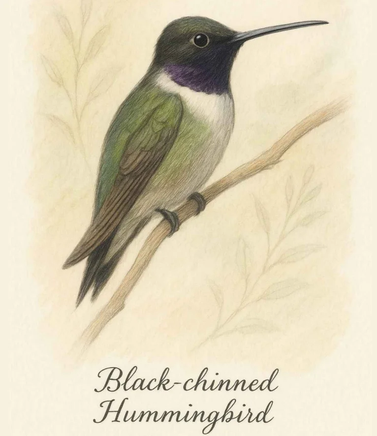 Male Black-chinned Hummingbird with black chin and purple band