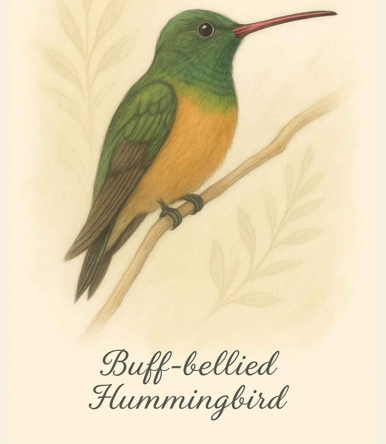 Buff-bellied Hummingbird — Rockport's year-round resident, with greenish back and rufous tail