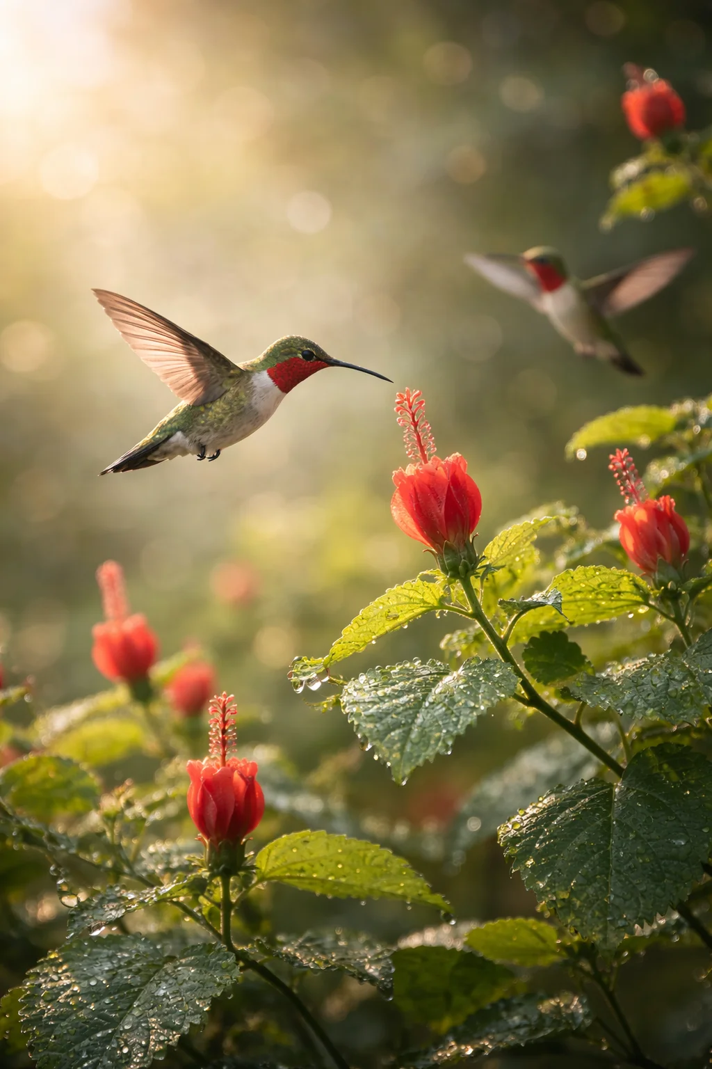 Hummingbird feeding on Turk's Cap — native Texas plant