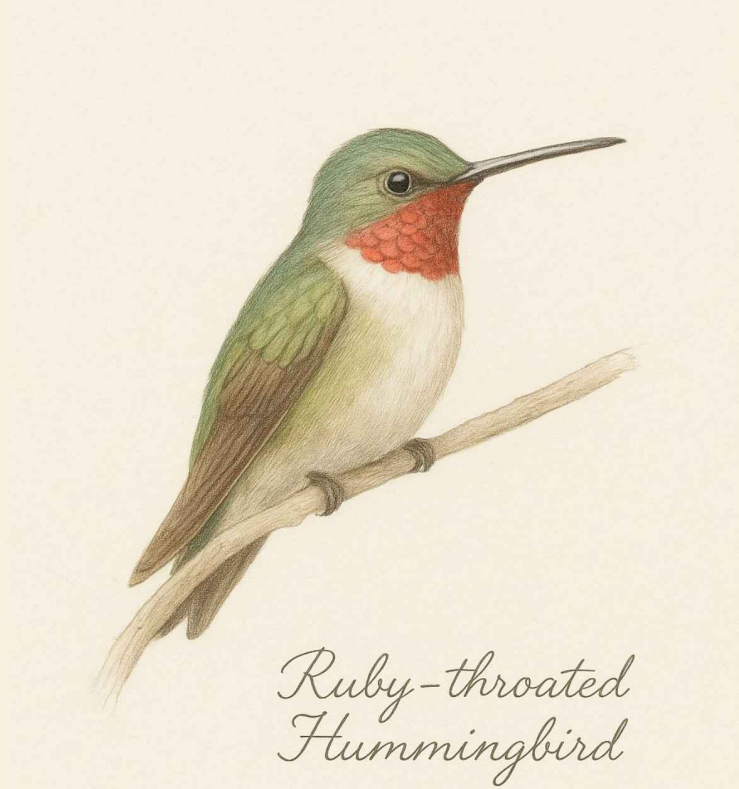 Male Ruby-throated Hummingbird with iridescent red throat