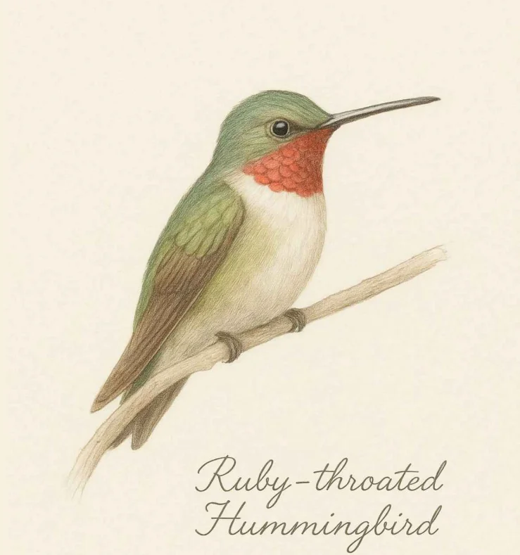 Male Ruby-throated Hummingbird with iridescent red throat