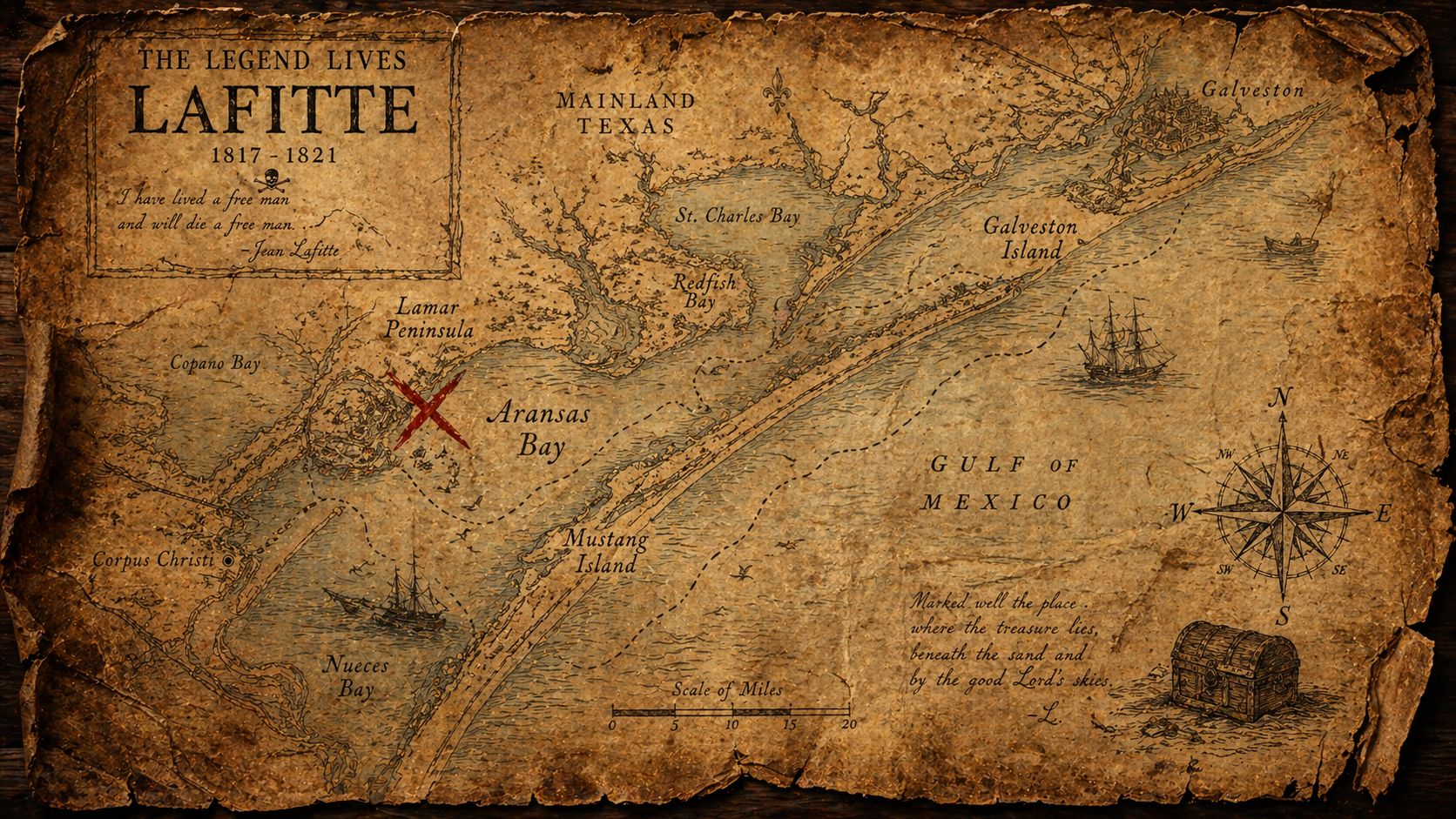 Jean Lafitte treasure map showing Aransas Bay, Lamar Peninsula marked with red X, Galveston Island, Mustang Island, Gulf of Mexico 1817-1821