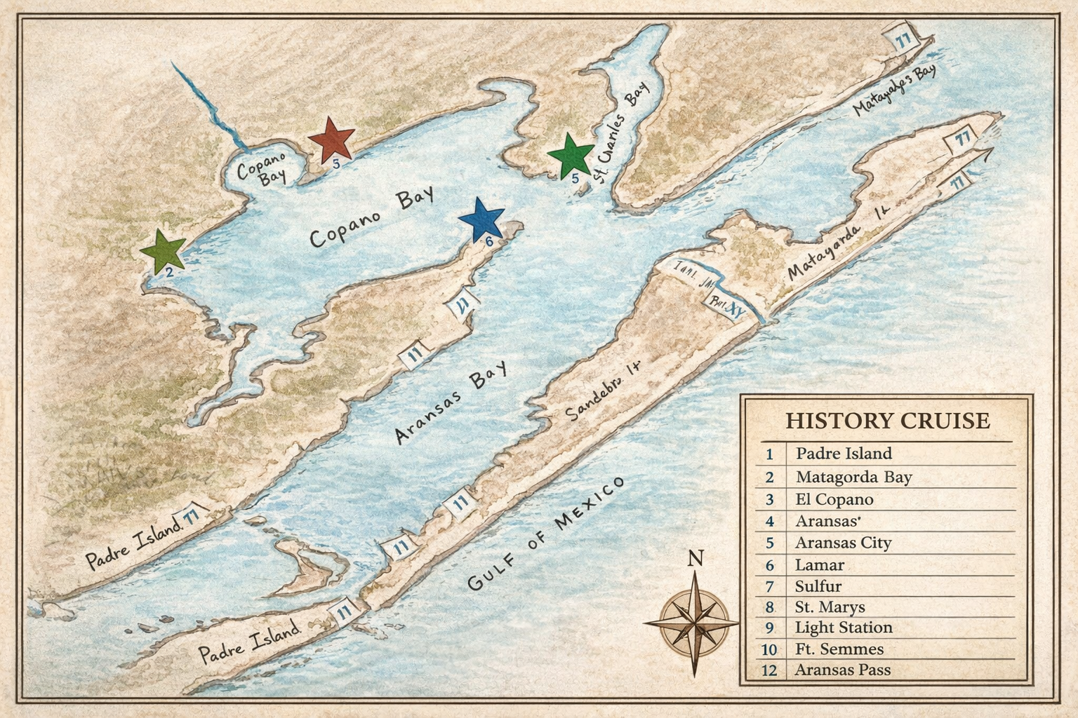 Hand-drawn historical map of Aransas Bay and the Lamar Peninsula by Pam Stranahan — showing historic stops along the water