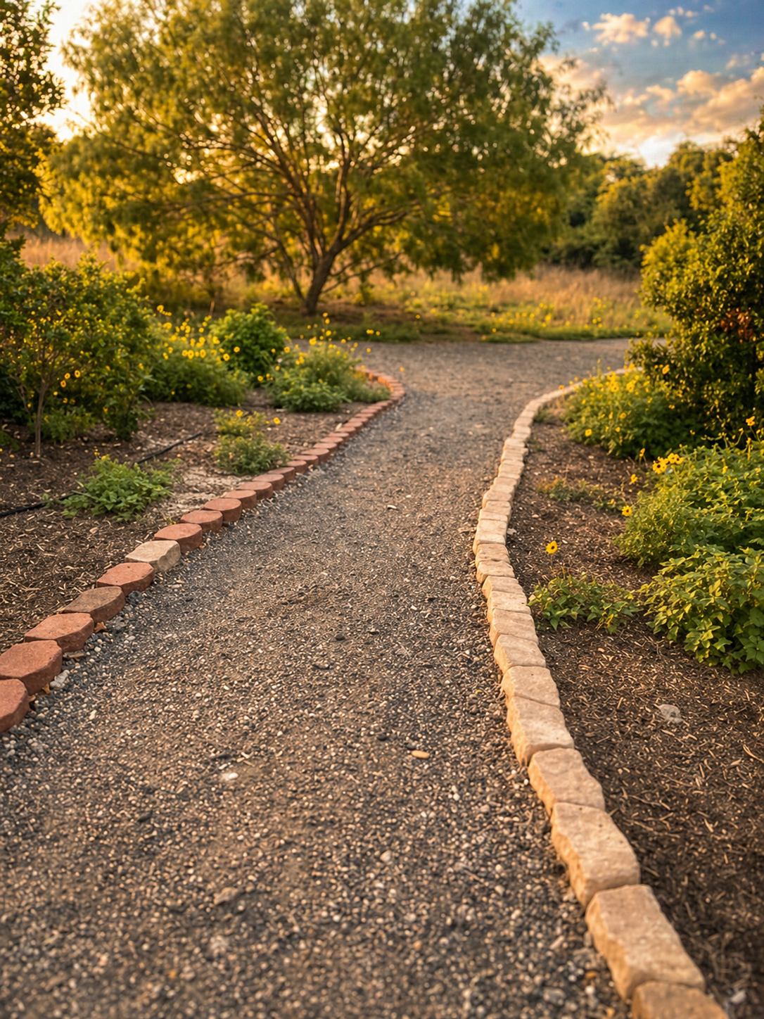 Brick-edged gravel garden path through native wildflowers at Linda Castro Nature Sanctuary at golden hour