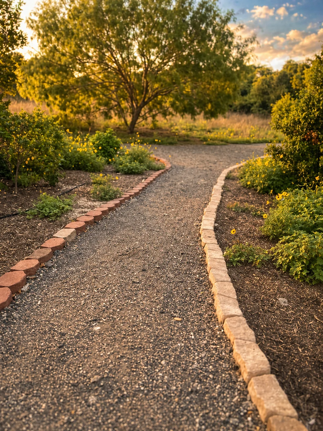 Brick-edged gravel garden path through native wildflowers at Linda Castro Nature Sanctuary at golden hour