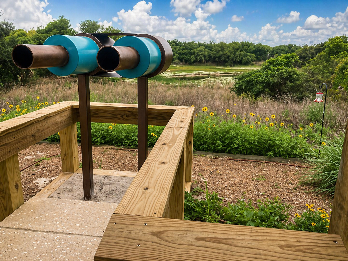 Elevated viewing platform with mounted binoculars overlooking ephemeral pond at Linda Castro Nature Sanctuary