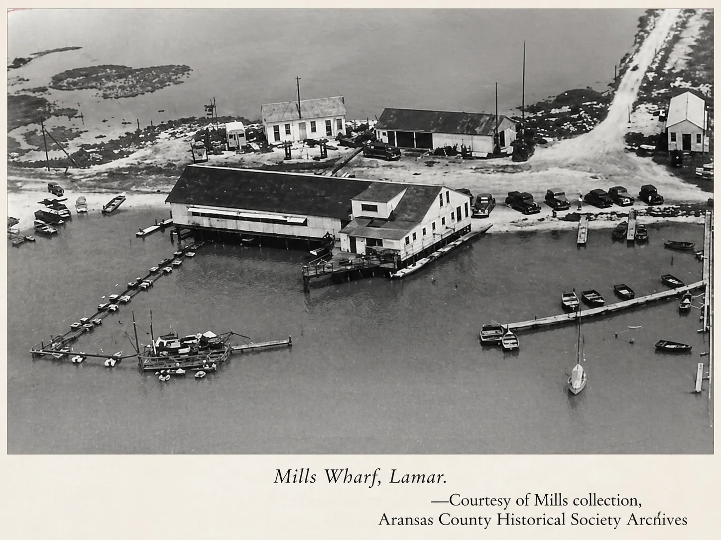 Aerial view of Mills Wharf on Aransas Bay, 1940s — from the Mills Collection, History Center for Aransas County