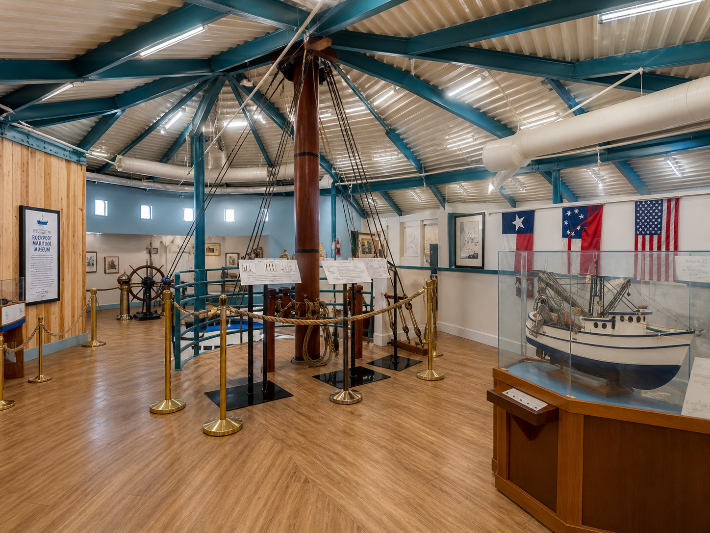 Texas Maritime Museum interior — exhibits, ship models, and Texas flags