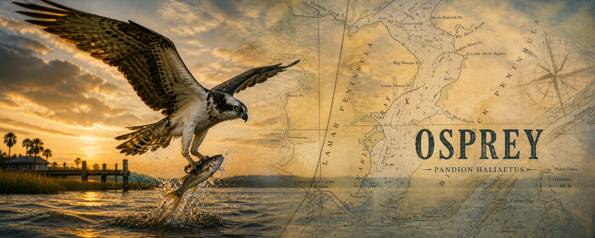 Osprey — Pandion haliaetus — catching fish over Aransas Bay, Texas
