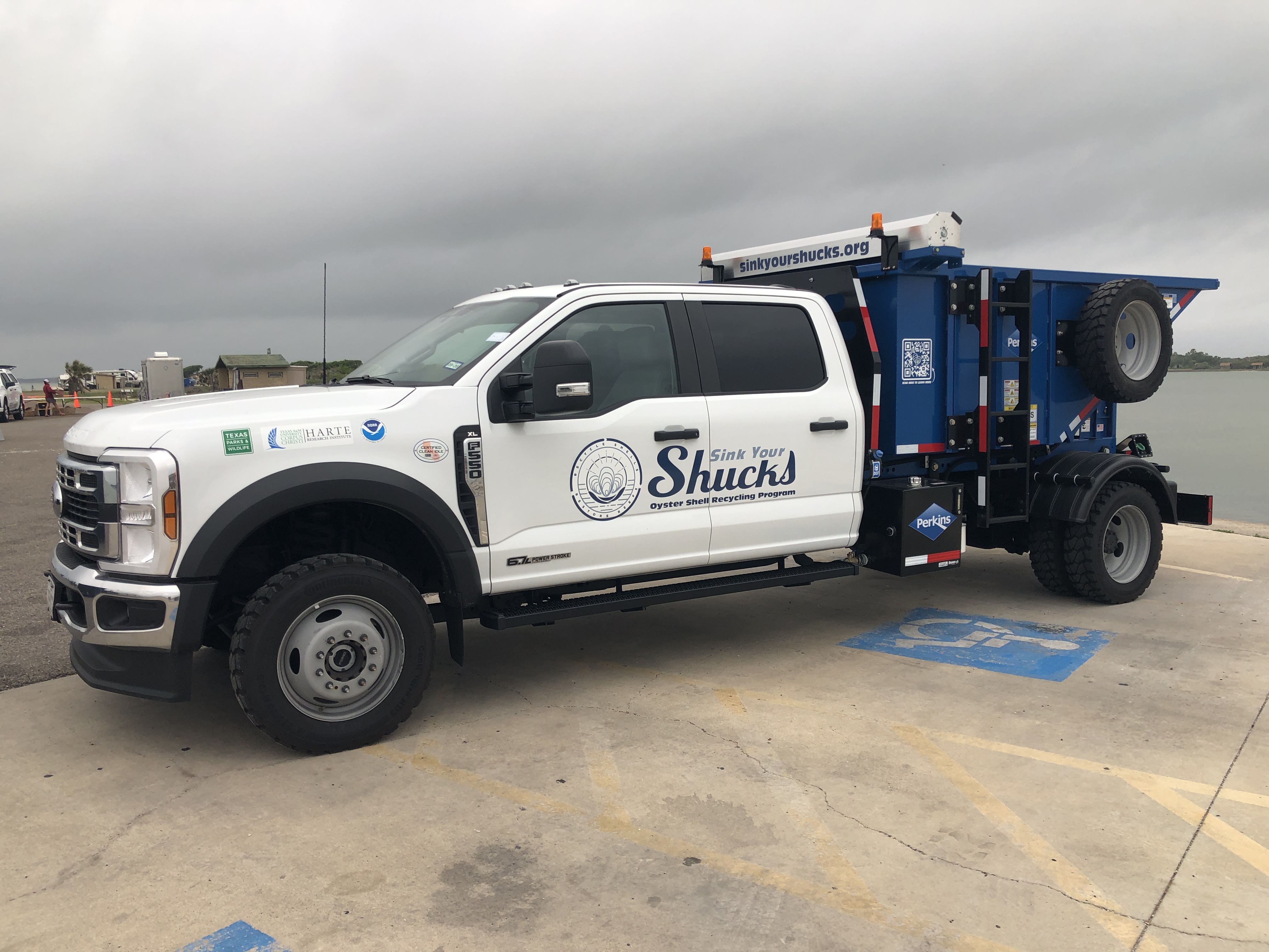 Sink Your Shucks oyster shell recycling truck at Goose Island State Park Rockport Texas