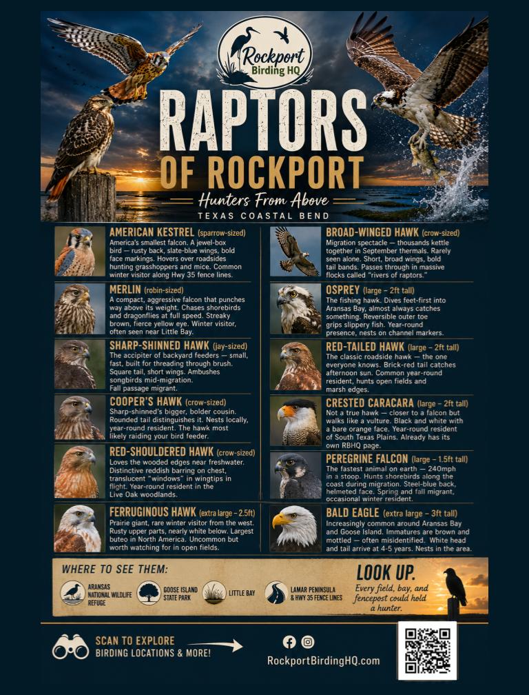 Raptors of Rockport Texas field guide — illustrated silhouettes smallest to largest