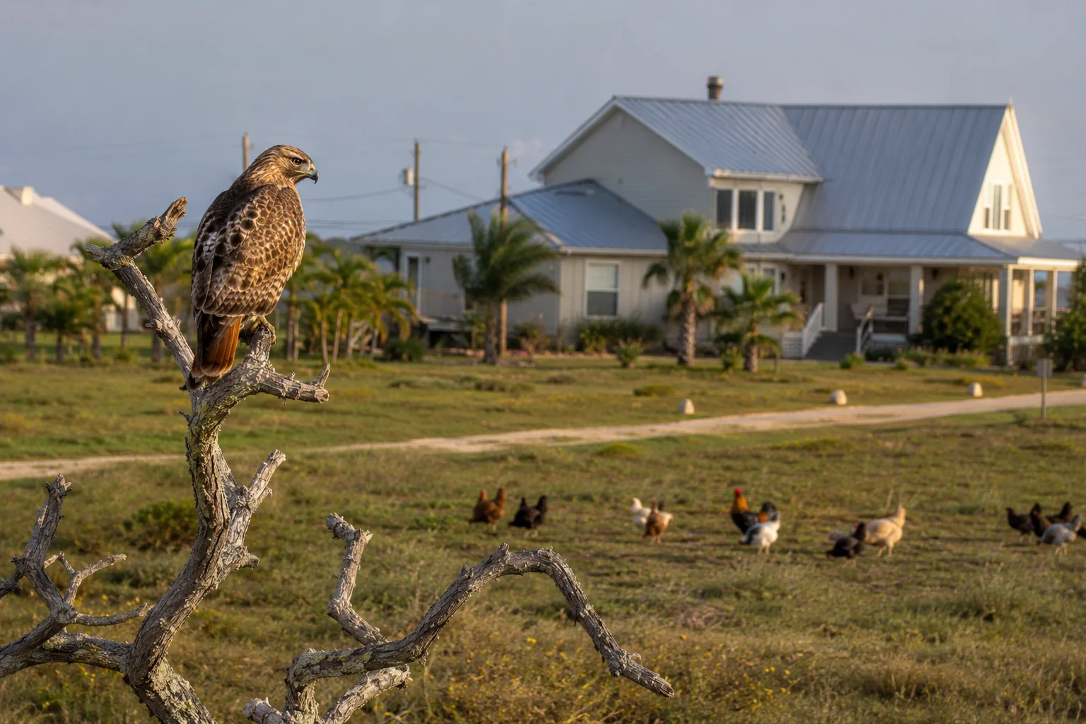 Red-tailed Hawk perched above Texas rural homestead