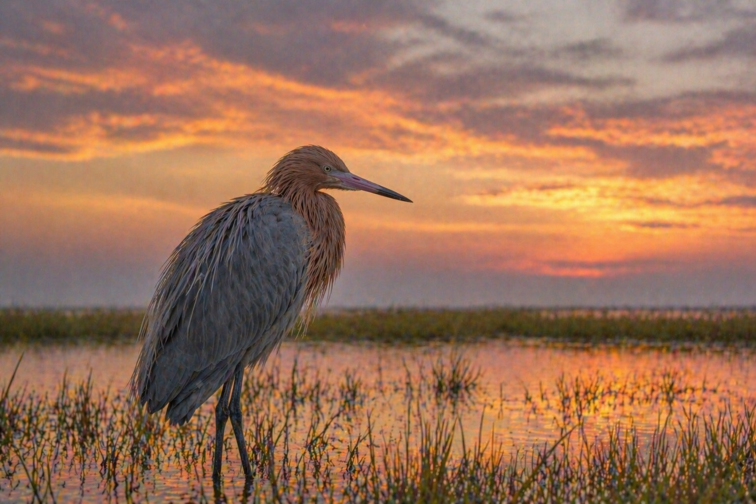Reddish egret hunting in coastal marsh Rockport Texas