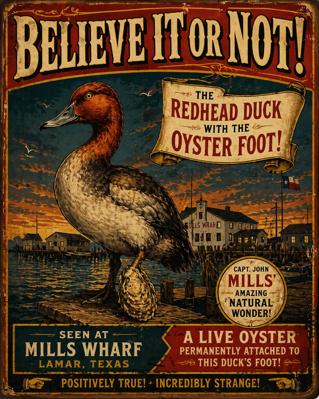 Ripley's Believe It or Not poster — Redhead Duck with Oyster Foot, Mills Wharf Lamar Texas