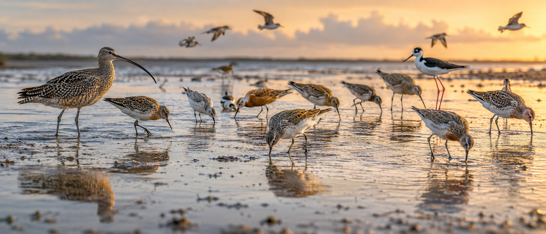 Shorebirds at golden hour on Rockport Texas tidal flats