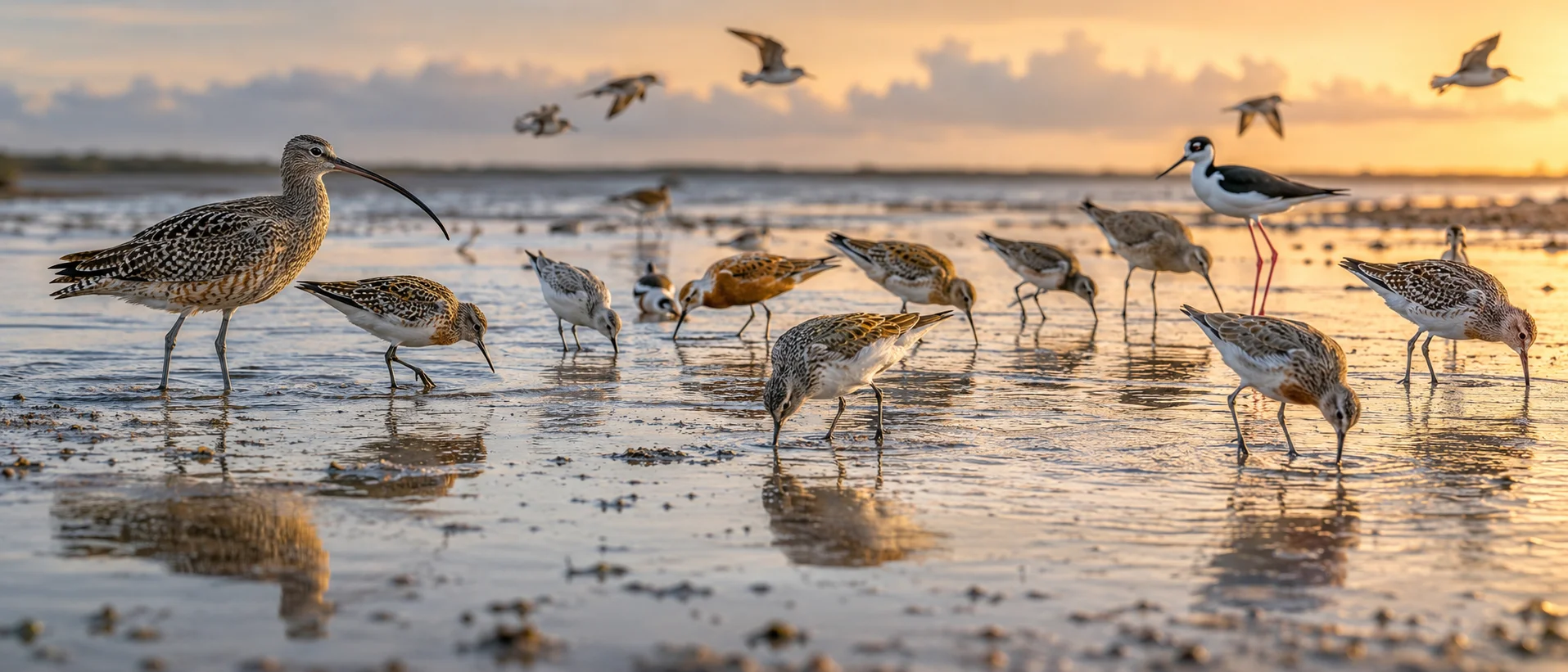 Shorebirds at golden hour on Rockport Texas tidal flats