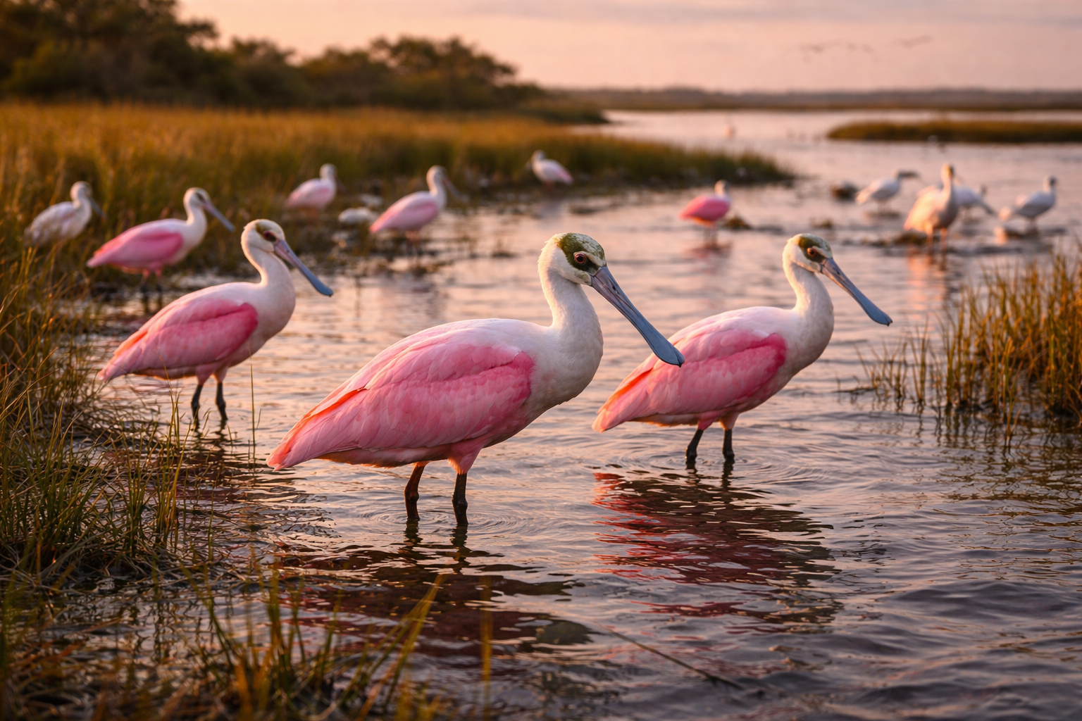 Roseate spoonbills in golden marsh Rockport Texas
